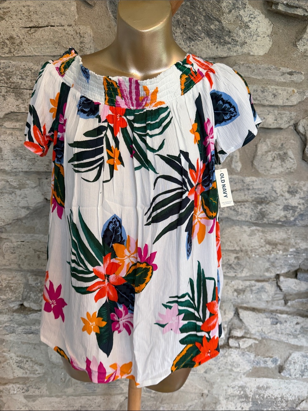 Old Navy White Tropical Floral Smocked-Neck Blouse